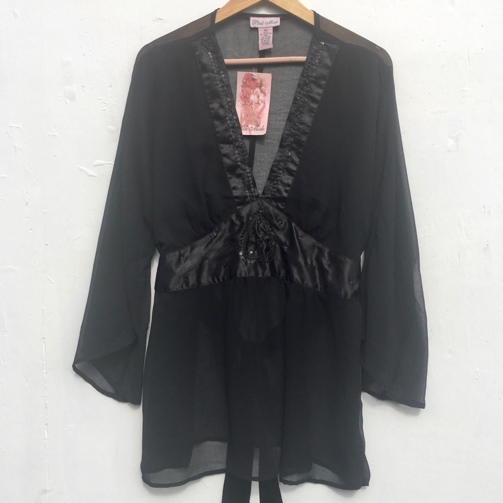 Pink Mode Black Empire Top Sequin Detail Satin Tie